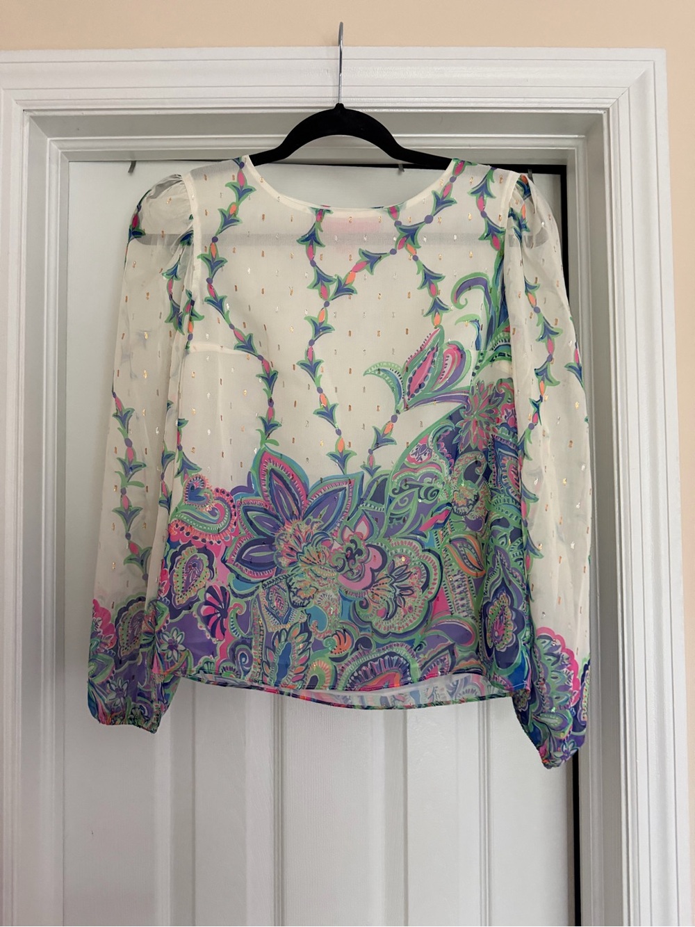 Lilly Pulitzer Sheer Paisley Blouse in Cream, Purple, Pink, Green